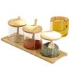 Almacenamiento de Cocina Tarro de Condimentos Tapa con Cuchara Tarro de Vidrio Separado Tapa de Madera de Bambú con Cuchara Almacenamiento de Sal Azúcar GMS Botella de Condimentos