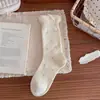 Meias femininas de algodão para outono e inverno, na altura da panturrilha, meias femininas com estampa escura e anti-odor, meias de renda doces, meias sem costura, meias longas empilháveis