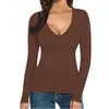 Nova camiseta feminina de outono e inverno, mais vendida, slim, decote em V, cor sólida, manga comprida, parte inferior, top