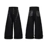 Jeans de Sarja Curvo Desconstruído com Estampa de Cobra, Rebites e Couro, Sarja Original Preta, Calça Jeans Casual Larga e Longa Masculina