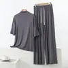 Conjunto talla grande: Conjunto de loungewear de modal con cuello semi-alto, camiseta de manga media y pantalón de pierna ancha, conjunto de dos piezas para mujer, holgado y casual
