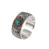Anillo tailandés de plata antigua con patrón de pétalos turquesa retro de Chiba para hombres y mujeres, estilo británico, personalidad antigua, versión ancha, dominante, anillo abierto