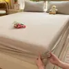 Juego de Sábana Bajera de Algodón Lavado, Protector de Colchón a Rayas y Cuadros Estilo Japonés de Tres Piezas, Cubre Cama Liso de Cobertura Total de Color Sólido