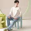 Pijama de Algodón Puro con Dibujo de Oso para Hombre, Manga Larga y Pantalón, Cuello Redondo Pullover, Conjunto de Ropa de Casa para Pareja, Se Puede Usar Afuera