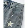 Calça jeans cropped de perna larga azul com estampa de estrelas, projetada para baixinhas, calça de verão da moda para mulheres plus size, efeito emagrecedor