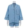 Traje Casual de Algodón con Bloques de Color de Venta Caliente Transfronteriza para Mujer, Otoño Nuevo, Corte Holgado, Cuello Solapa, Conjunto de Dos Piezas con Top de Manga Larga y Pantalones Cortos