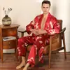 Conjunto de Dos Piezas para Hombre de Seda: Bata de Noche y Pantalón Largo, Pijama Delgado de Manga Larga, Bata de Dragón T811 Talla Grande, Cuello Revuelto, Lujo Ligero