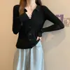 Jaqueta de tricô chique com gola polo abotoada, top de manga comprida chique retrô francês para outono, cardigã feminino