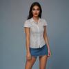Camisa Polo Elegante Sencilla de Comercio Exterior con Diseño Único Rayas de Nicho Botones Cintura Adelgazante Top para Mujer