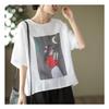 Verano Retro*** Estampado de Lino con Fugas Exportación Top de Lino para Mujer Verano Holgado de Algodón y Lino Versátil Camiseta de Manga Corta Pulóver