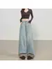 Jeans estiloso estilo americano com patchwork de estampa de leopardo, perna larga, para mulheres, azul claro, cintura alta, corte solto, emagrecedor, calça de comprimento total