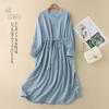 Vestido Longo Premium Único Deslumbrante 2025 Feminino Textura de Algodão e Linho Fivela Retro Manga Longa Francesa