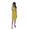 Vestido Curto de Verão Novo Amarelo Limão Azul Ilha Estampado de Bolinhas Wrap no Quadril Vestido de Peça Única com Cinto