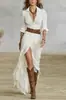 Vestido Longo Feminino Europeu e Americano 2026 Novo Retrô Francês Gola V Cintura Marcada Franzido Solto Fenda Elegante Manga Longa Maxi