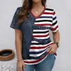 2026 Nova Roupa Feminina Transfronteiriça de Verão Camiseta de Manga Curta com Decote V Estampa Jeans Top Casual Solto Emagrecedor para Mulheres