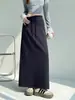 Saia esportiva cinza para mulheres, novo estilo primavera e outono, cintura alta, corte reto, saia evasê com fenda, saia estilo moletom fluida, saia longa