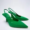 Zapatos de Mujer de Tacón Medio Planos con Punta Aguda y Tacón de Aguja, Sandalias con Talón Abierto y Punta Abierta, Estilo Nuevo Primavera 2025, Color Verde, Talla Grande