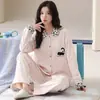 Algodón PuroPijama de Manga Larga para Mujer Otoño Nuevo Estilo Cárdigan Dibujos Animados Pantalones Largos Lindo Lunares Conjunto de Ropa para el Hogar Primavera Otoño
