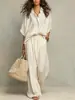 Conjunto Casual Simple de Camisa de Manga Corta de Botones y Pantalón de Pierna Ancha de Algodón y Lino para Mujer, Nuevo, Transfronterizo Europeo y Americano 2026