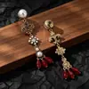 Pendientes Retro Vintage Franceses de Cristal Rojo y Perla con Borlas Largas de Flor de Iris Estilo Antiguo y Pendientes de Lujo Ligero