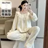 Pijama para mujer con copas en el pecho, primavera y otoño, ribete dulce de encaje, manga larga, pantalón largo, conjunto de ropa de casa de algodón nube, al por mayor