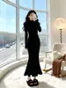 Vestido de malha elegante estilo coreano para senhora, vestido longo estilo Hepburn retrô de Hong Kong, gola alta, justo, estilo Hepburn