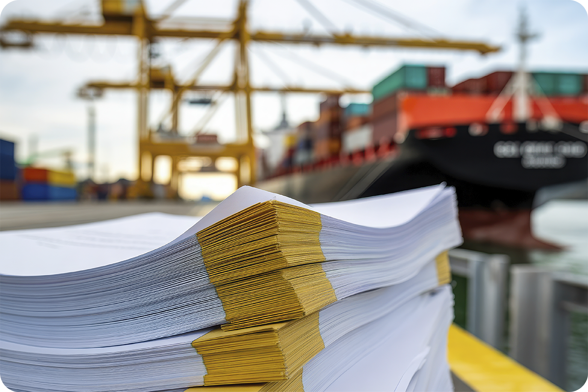 Pilha de documentos de importação em primeiro plano com navio cargueiro e guindastes portuários ao fundo, representando invoice, packing list e conhecimento de embarque na operação de importação