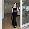 Falda de Encaje Francés Negro con Empalme de Ballena de Pez de Gama Alta Ajustada al Cuerpo Vestido Adelgazante y Elegante Falda de Tirantes sin Mangas para Mujer