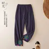 Pantalones Casuales Bordados de Estilo Chino Nuevos de Verano Sueltos de Algodón Lino Pantalones Harem Estilo Nacional Pantalones Cortos Pantalones Linterna para Mujer