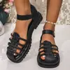 Novas sandálias clássicas versáteis sapatos romanos baixos 2025 trançadas de verão retrô femininas salto grosso bico redondo vazadas bico fechado