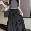 Saia de bolo fofa off-white feminina verão drapeada evasê cintura elástica cintura alta modeladora midi