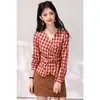 Nueva Camisa de Cuadros Rojos Primavera/Verano con Cuello, Lazo para Cinchar la Cintura, Blusa de Manga Larga para Mujer