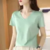 Algodão Mercerizado V-neck simples cor sólida mulheres plus size camiseta de baixo emagrecimento solto primavera e verão básico fio de algodão manga curta