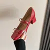 Sapatos Mary Jane Quadrados Retrô Franceses Cor Vinho Femininos 2026 Outono Novo Estilo Coreano Decote Baixo Laço