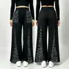 Pantalones largos casuales para mujer europeos y americanos, de cintura alta, modernos, con estampado de leopardo en las piernas, diseño de pierna ancha, bolsillos, cintura elástica, cómodos para usar al aire libre