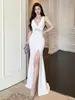 Vestido largo sin mangas de encaje con escote en V, plisado retorcido, con abertura alta y corte de sirena, ajustado y moldeador de figura, para banquetes y fiestas