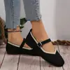 Sapatos Mary Jane rasos de malha elástica estilo pastoral floresta com bico quadrado para mulheres, sapatos de tira única com fivela ajustável e decote em V