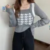 Diseño de primavera, otoño e invierno nicho suéter corto de dos piezas falsas para mujer suéter interior de pata de gallo francés top con temperamento