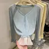 Camisa de Tricô com Decote V e Barra com Patchwork de Renda para Proteção Solar Feminina Verão 2025 Novo Estilo Estilo Estrangeiro Versátil Cardigan Manga Longa