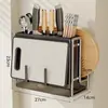 Suporte para facas e prateleira de armazenamento, porta-utensílios de cozinha multifuncional, tábua de corte integrada, suporte magnético para facas, suporte para tábua de corte de bancada para facas de cozinha