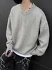 Suéter Americano Gris con Cuello Henry para Hombre Invierno Estilo Perezoso de Gama Alta Suéter Básico Chaqueta de Corte Limpio
