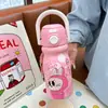 Taza Termo con Asa de Dibujos Animados Nueva Portátil para Niños Vaso de Agua al Vacío Vaso de Acero Inoxidable con Pajita Vaso Pop-Up para Doble Bebida para Estudiantes