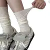 Calcetines Finos de Encaje a Media Pantorrilla Estilo Lolita para Mujer, Calcetines de Verano Estilo Ballet Arrugados con Lazos Combinados con Calcetines de Encaje Mary Jane