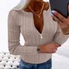 2025 Estación Independiente de Exportación Transfronteriza Europea y Americana Otoño e Invierno Nuevos Tops Camiseta de Manga Larga a la Moda con Cremallera y Cuello en V para Mujer