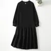Vestido Jersey de Punto Estilo Japonés Holgado de Cuello Redondo de Manga Larga con Dobladillo Fruncido hasta la Rodilla Adelgazante de Sirena Otoño Nuevo 2026