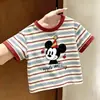 Camiseta Listrada de Manga Curta para Meninos e Meninas, Top de Algodão Versátil e Estiloso para o Verão, Camisa Básica Casual da Moda para Crianças Maiores