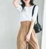 Camiseta Simple de Primavera y Verano Lotte Japonesa para Mujer Casual Artística Retro Diseño Nicho Sentido Color Sólido Rayas Manga Corta