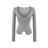 Cárdigan de Manga Larga Lyocell Tencel Estilo Europeo y Americano con Cuello en V Profundo, Clavícula Expuesta, de Botones al Frente, Dobladillo con Abertura y Corte Ajustado
