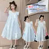 Vestido Longo Sem Manga de Verão para Meninas Doce e Fofo Renda Novo Estilo 2026 Moda Coreana Vestido para Crianças Maiores