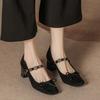 Novo Estilo Mary Jane de Laço Preto Sapatos de Salto Alto com Salto Grosso, Sapatos Elegantes de Camurça Rasa Versátil para Mulheres